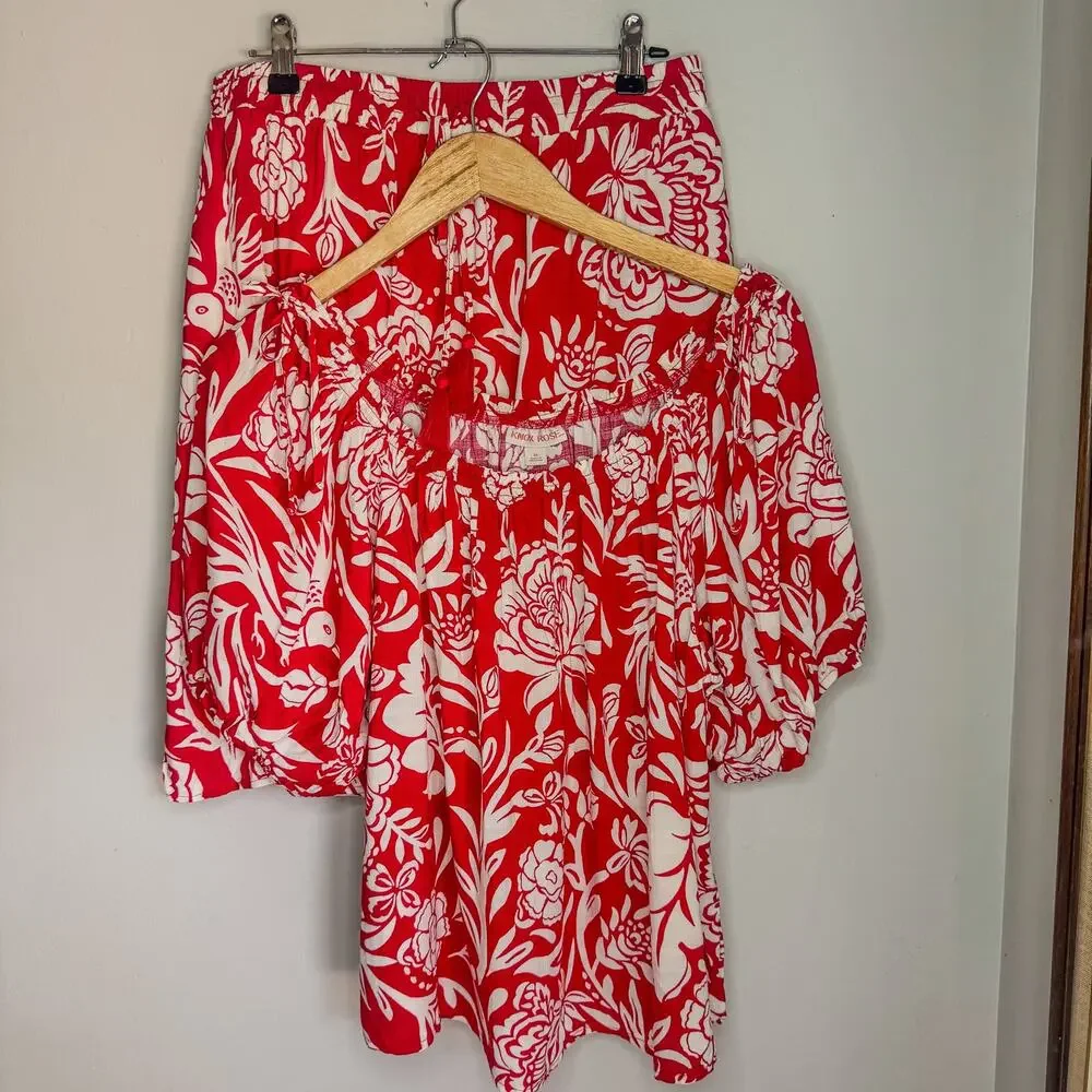 Knox Rose Red White Floral 2pc Set Off Shoulder Top & Midi Skirt Size M